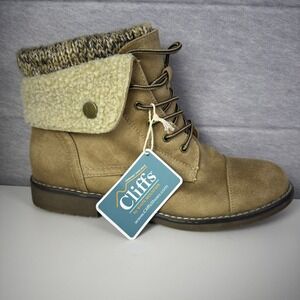Cliffs by White Mountain Women's Tan Suede Knit Cuff Lace Up Combat Boots Size 9